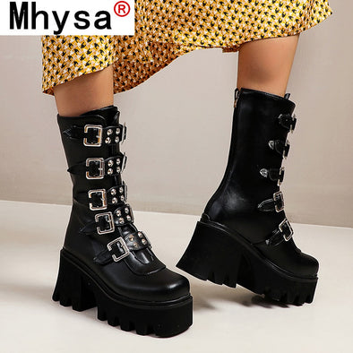 Winter Gothic Punk Womens Platform Boots Black Buckle Strap Zipper Creeper Wedges Shoes Mid Calf Military Combat Boots Women