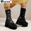 Winter Gothic Punk Womens Platform Boots Black Buckle Strap Zipper Creeper Wedges Shoes Mid Calf Military Combat Boots Women