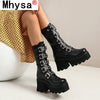 Winter Gothic Punk Womens Platform Boots Black Buckle Strap Zipper Creeper Wedges Shoes Mid Calf Military Combat Boots Women