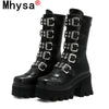 Winter Gothic Punk Womens Platform Boots Black Buckle Strap Zipper Creeper Wedges Shoes Mid Calf Military Combat Boots Women