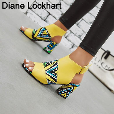 Women Stylish Print Sandals Boots Peep Toe Buckle Strap Summer High Heel Gladiator Shoes Woman Yellow Green sandalias mujer 2019