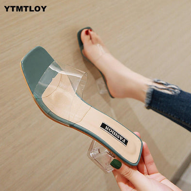 Women Sandals Shoes Celebrity Wearing Simple Style PVC Clear Strappy Buckle High Heels Woman Transparent Heels Yellow