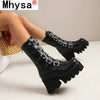 Winter Gothic Punk Womens Platform Boots Black Buckle Strap Zipper Creeper Wedges Shoes Mid Calf Military Combat Boots Women